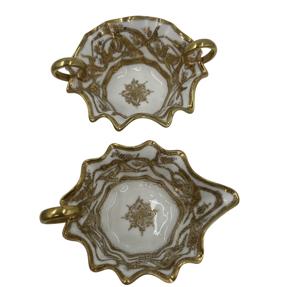 Antique Pair Wheelock Germany Porcelain Bon Bon Baskets Heavy Gold Gilt Ruffled